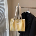 Grand sac cabas en toile à rayures jaunes et blanches avec bandoulières et patch cuir - Sans Pendentif / Jaune