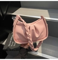 Pink pleated hobo bag with braided strap and litchi texture vegan leather - Pink
