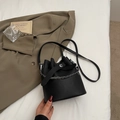 Black litchi pattern leather bucket bag with silver chain strap and drawstring closure - Black (Without Charm)
