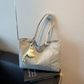 Minimalist grey nylon tote bag with yellow moon plush charm and embroidered logo - Gray With Pendant