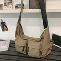 Khaki nylon crossbody bag in large capacity with multi-pocket utilitarian design - Brown