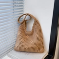 Khaki hand-woven tote bag with hollow geometric patterns for summer vacations - Khaki