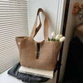 Grande borsa tote in paglia intrecciata beige con cintura in pelle nera - Cachi