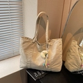 Beige oversized tote bag in crinkled nylon with TaoCo embroidery and moon plush charm - Beige With Charm