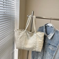 Minimalist large beige canvas tote bag with TaoCaltu embroidery on a metal hanger - Rice White (No Pendant)
