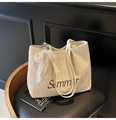 Beige woven straw tote bag with brown Summer embroidery and pearl lace bow charm - White with Pendant