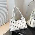 White lychee pattern leather shoulder bag with silver eyelets and large capacity - Small Eyelet White