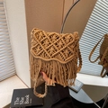 Khaki hand-woven bohemian straw crossbody bag with fringe tassels and braided strap - Khaki