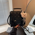 Retro black faux leather crossbody bag with elk floral print and bear keychain - Black with Pendant
