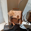 Chic beige and brown monogram backpack with deer print and plush bear pendant - Coffee with Pendant