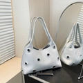 Silver pebbled leather shoulder bag with industrial grommets and dual straps - Large Eyelet Silver
