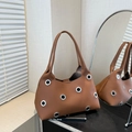 Brown leather underarm bag with silver metal eyelets and large capacity shoulder strap - Large Eyelet Brown