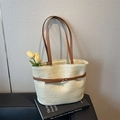 Large cream woven straw tote bag with brown faux leather straps and buckle detail - Off White