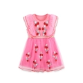 Abito smanicato in tulle rosa per bambine con ricamo a fragola e cintura dorata - Rosa / 2Y(90cm)(1722)
