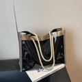 Glossy black large capacity jelly tote bag with rope handles and champagne gold trim - Black