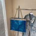 Blue semi-transparent jelly tote bag with rope handles for beach vacation style - Blue