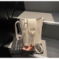 Chic cream white pebble leather mini bucket bag with silver hardware and adjustable strap - Off White