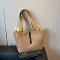 Large woven straw tote bag in light coffee brown with stylish black ribbon detail - Brown
