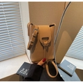 Brown litchi grain leather mini bucket bag with adjustable crossbody strap - Khaki