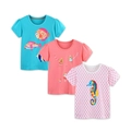 Three-pack girls' cotton t-shirts with tropical fish, fairy, and seahorse prints - Lake Blue + Pink + White Floral / 2Y(90cm)
