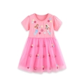 Pink short-sleeve girls dress featuring mermaid embroidery and layered tulle skirt - 2Y / Pink (1716)