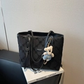 Chic black tweed tote bag with sequin texture and a cute white bear plush pendant - Black with Pendant