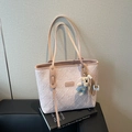 Pink large tote bag with floral texture and cute bear pendant for daily commuting - Pink with Pendant