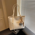 White large capacity tote bag with pleated texture and a cute teddy bear charm - White with Pendant