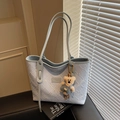 Light blue textured tote bag with bear charm pendant and spacious interior for students - Blue with Charm