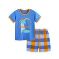 Jungen Sommer-Set mit blauem Krokodil-Print T-Shirt und orangefarbenen Karoshorts - 2Y(90cm) / Cartoon Krokodil Color Block Karo Stil (2330)