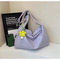 Minimalist lavender shoulder bag in striped nylon with a yellow flower pendant - Purple With Pendant