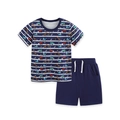 Conjunto de verano para niños a rayas azul marino con dibujos de camiones y algodón - 2Y(90cm) / Estilo de Raya de Vehículo de Construcción (2324)