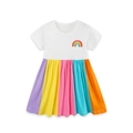 Kurzärmliges weißes Baumwollkleid mit Regenbogenstickerei und buntem Plissee-Rock - 2Y(90cm) / Weiß Regenbogen Patchwork (1723)
