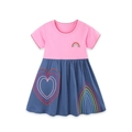 Vestido para niña rosa y azul marino con bordado de arcoíris y diseño de corazón - 2Y(90cm) / Patchwork Rosa y Azul (1724)
