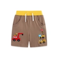 Pantaloncini in maglia marrone con elastico giallo e ricami di veicoli per bambini - Marrone Caffè Giallo (3238) / 2Y(90cm)