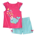 Completo estivo da bambina con top fucsia a volant, ricamo balena e pantaloncini a scacchi - 6 anni (120cm) / Set a Quadri Balena Rosa(2021)