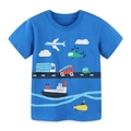 Kinder T-Shirt aus blauer Baumwolle mit bunten Cartoon-Transportmotiven auf weißem Grund - 6J (120cm) / Blau Fahrzeug Druck (5161)