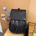 Classic black PU leather backpack with silver buckles and vintage student style - Black