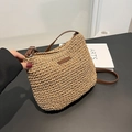 French style straw bucket bag in beige with brown leather adjustable shoulder strap - Khaki