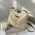 French style cream woven straw bucket bag with brown adjustable leather shoulder strap - Off White