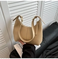 Fashionable beige faux leather half-moon shoulder bag with adjustable straps and zipper - Khaki