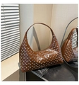 Brown vintage faux leather hobo bag with silver metallic studs and crescent moon shape - Brown