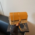 Straw patchwork crossbody bag with brown leather flap and golden chain strap - Brown