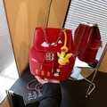 Red patent leather backpack with cute duck embroidery and chain strap mirror reflection - With Charm Style / Red