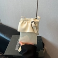 Chic beige lychee leather mini crossbody phone bag with trendy ruffle trim and slim strap - White