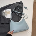 Light blue textured leather half-moon crossbody bag with silver logo detail and dual straps - No Pendant / Blue