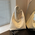 Cream-white canvas tote bag with Enjoy Your Weekend blue embroidery and wide shoulder strap - Off-white