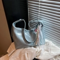 Minimalist light blue matte leather underarm bag with vertical stitching and tassels - Blue with Charm