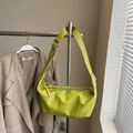 Bright yellow-green croissant bag with pebbled leather texture and adjustable strap - Large / Green