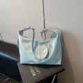 Light blue glossy hobo bag with adjustable double straps and silver metal hardware - Blue Without Charm